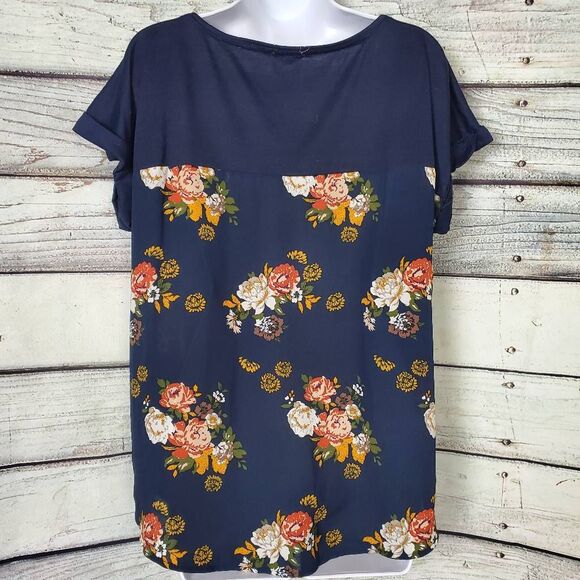 Mason & Belle Women’s Blouse XL Navy Blue Floral Print Short Sleeve Top - Picture 4 of 7
